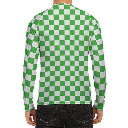 White And Green Checkered Print Men's Long Sleeve Rash Guard
