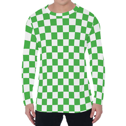 White And Green Checkered Print Men's Long Sleeve T-Shirt