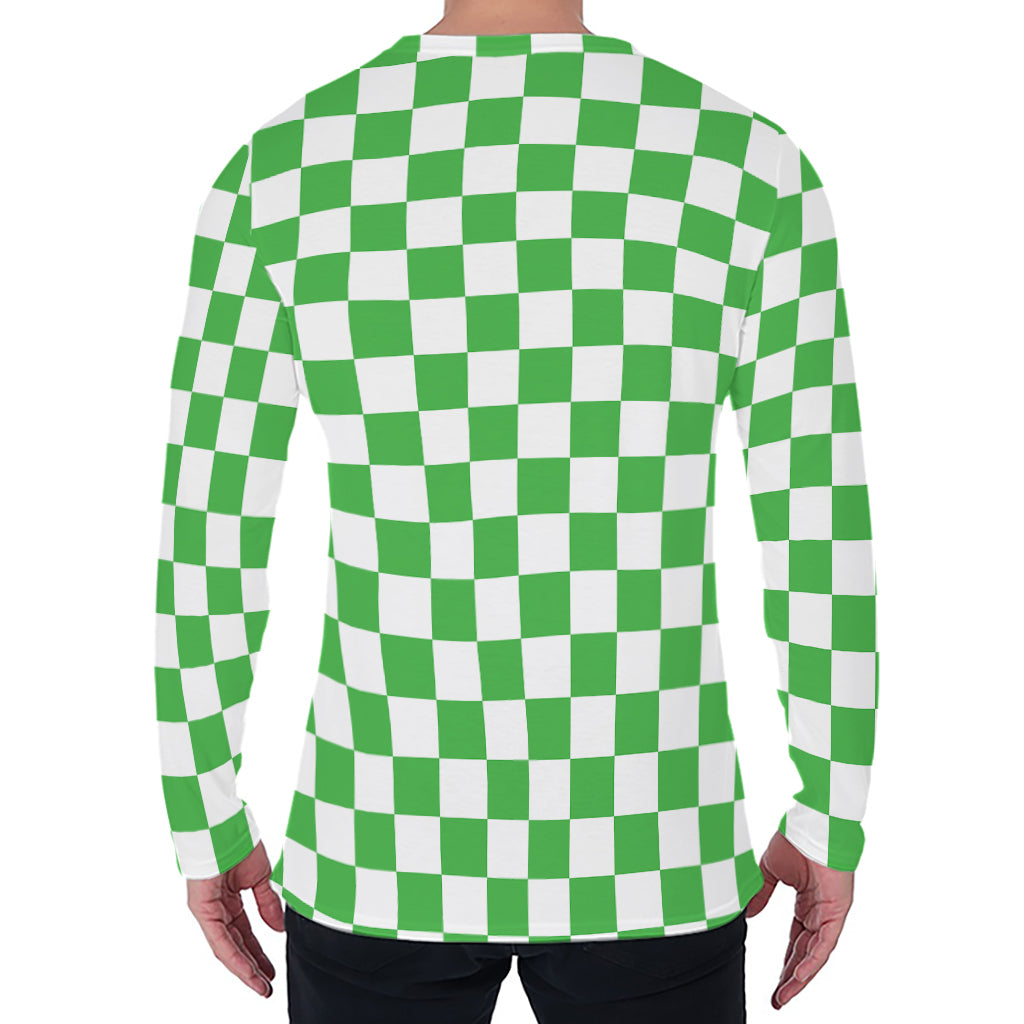 White And Green Checkered Print Men's Long Sleeve T-Shirt