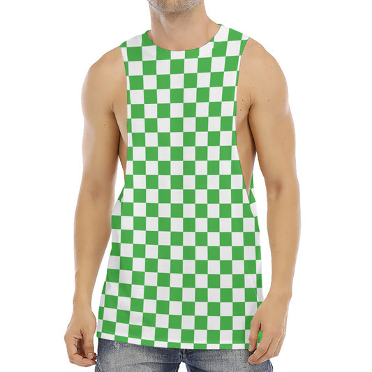 White And Green Checkered Print Men's Muscle Tank Top