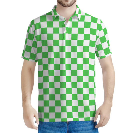 White And Green Checkered Print Men's Polo Shirt