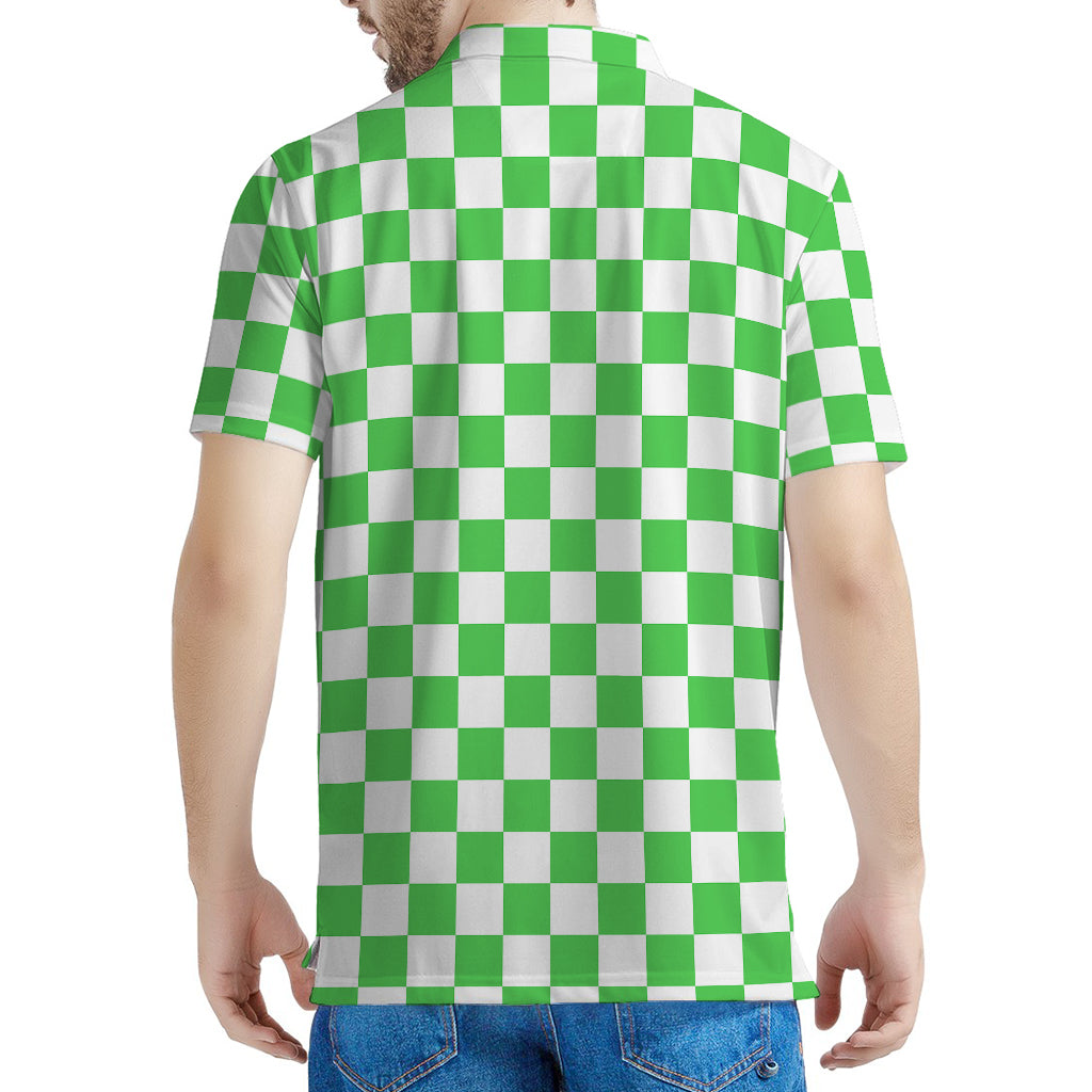 White And Green Checkered Print Men's Polo Shirt