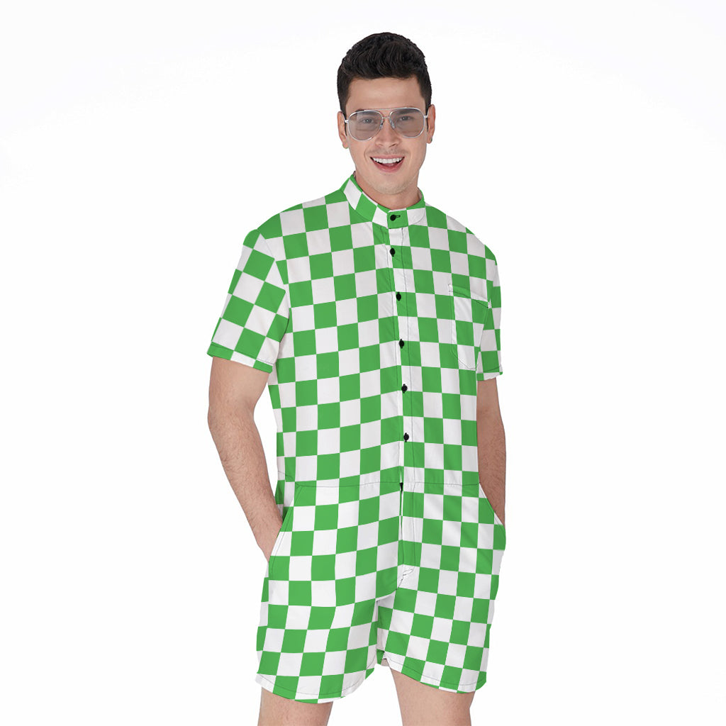 White And Green Checkered Print Men's Rompers