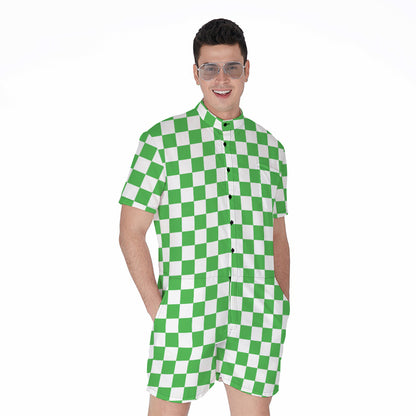 White And Green Checkered Print Men's Rompers