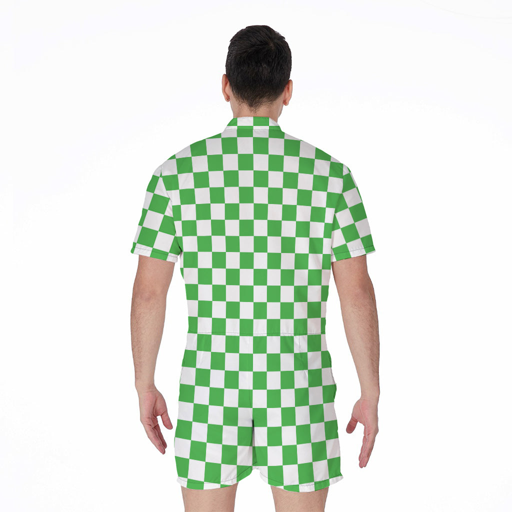 White And Green Checkered Print Men's Rompers