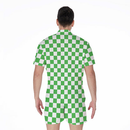 White And Green Checkered Print Men's Rompers