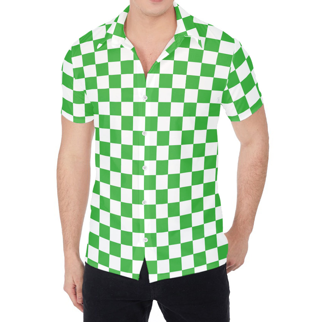 White And Green Checkered Print Men's Shirt