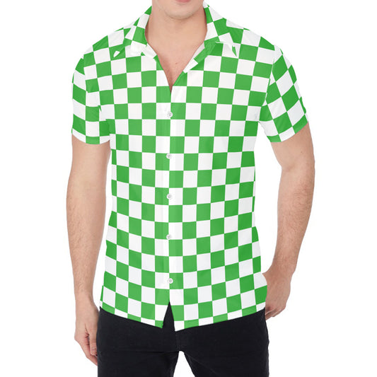 White And Green Checkered Print Men's Shirt