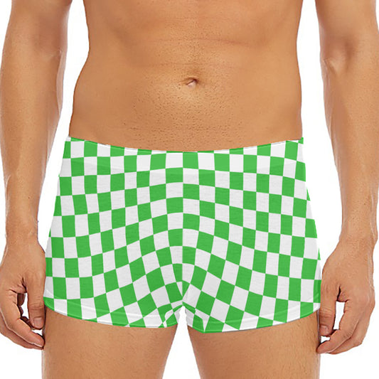 White And Green Checkered Print Men's Short Boxer Briefs