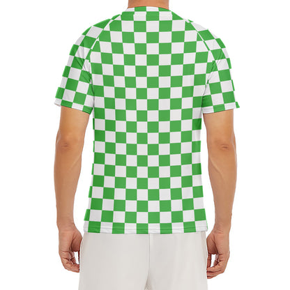 White And Green Checkered Print Men's Short Sleeve Rash Guard