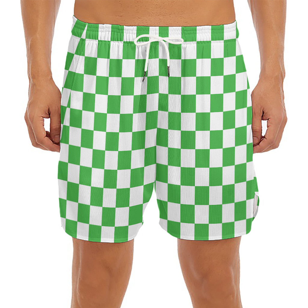 White And Green Checkered Print Men's Split Running Shorts