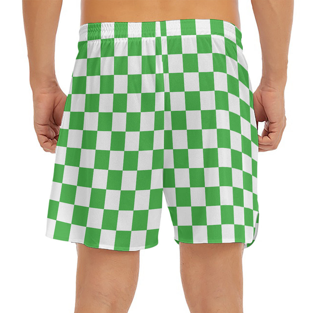 White And Green Checkered Print Men's Split Running Shorts