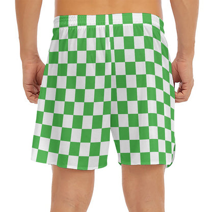 White And Green Checkered Print Men's Split Running Shorts
