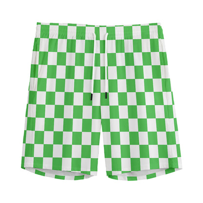 White And Green Checkered Print Men's Sports Shorts
