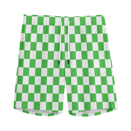 White And Green Checkered Print Men's Sports Shorts