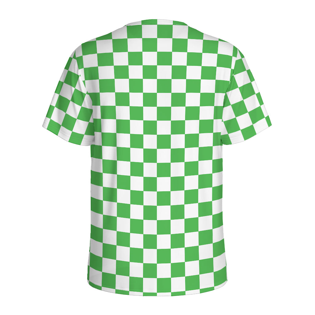 White And Green Checkered Print Men's Sports T-Shirt