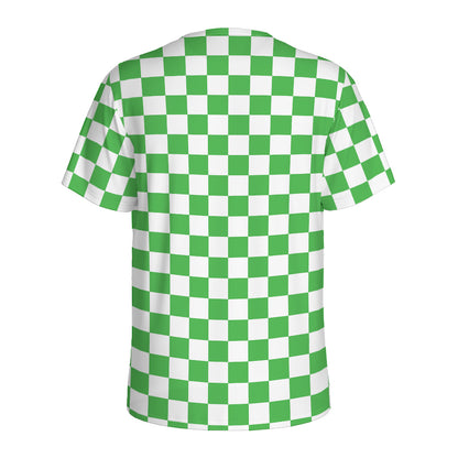 White And Green Checkered Print Men's Sports T-Shirt