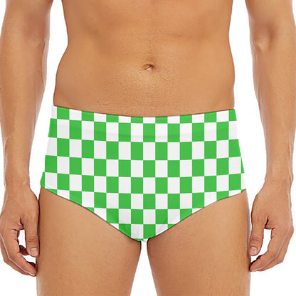 White And Green Checkered Print Men's Triangle Swim Briefs
