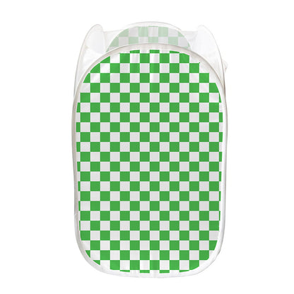 White And Green Checkered Print Mesh Laundry Hamper