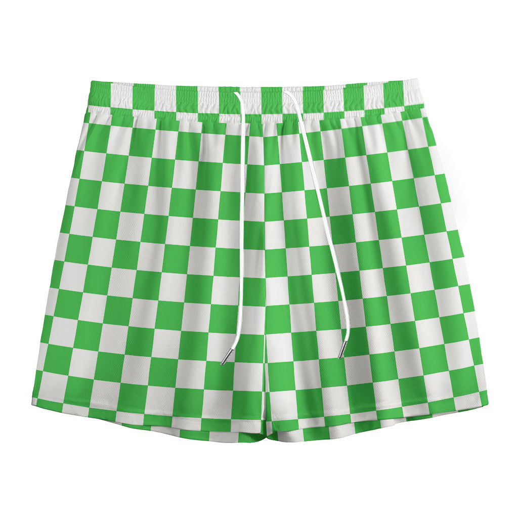 White And Green Checkered Print Mesh Shorts