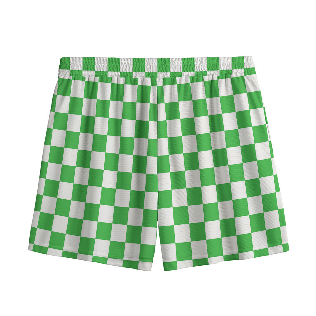 White And Green Checkered Print Mesh Shorts