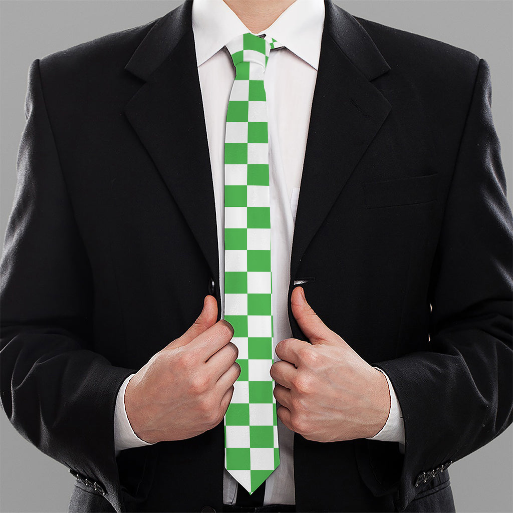 White And Green Checkered Print Necktie