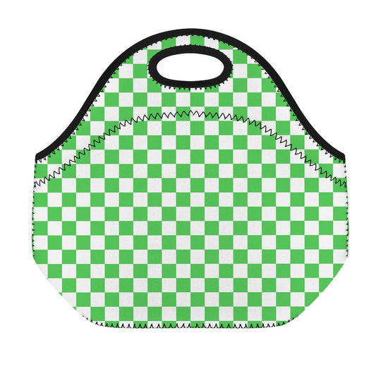 White And Green Checkered Print Neoprene Lunch Bag