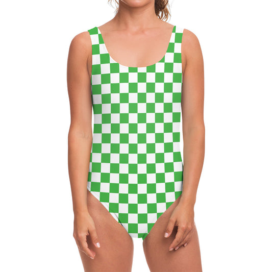 White And Green Checkered Print One Piece Swimsuit