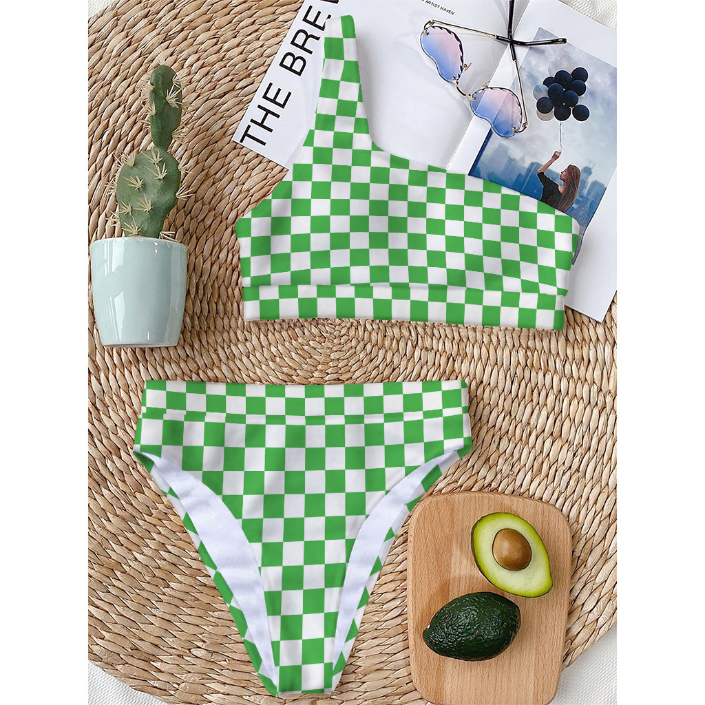White And Green Checkered Print One Shoulder Bikini Top