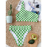 White And Green Checkered Print One Shoulder Bikini Top