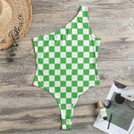 White And Green Checkered Print One Shoulder Bodysuit