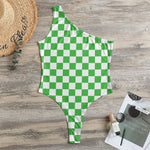 White And Green Checkered Print One Shoulder Bodysuit