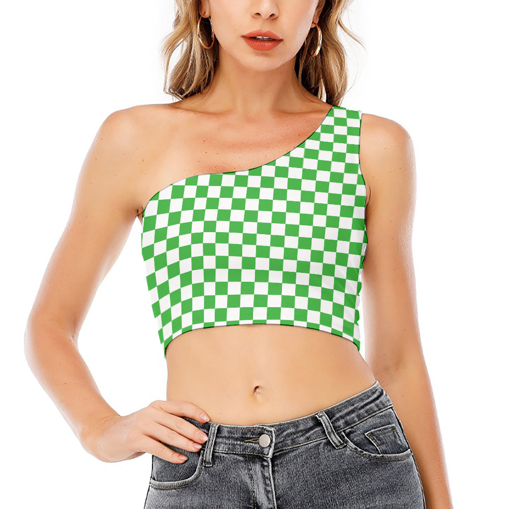White And Green Checkered Print One Shoulder Crop Top