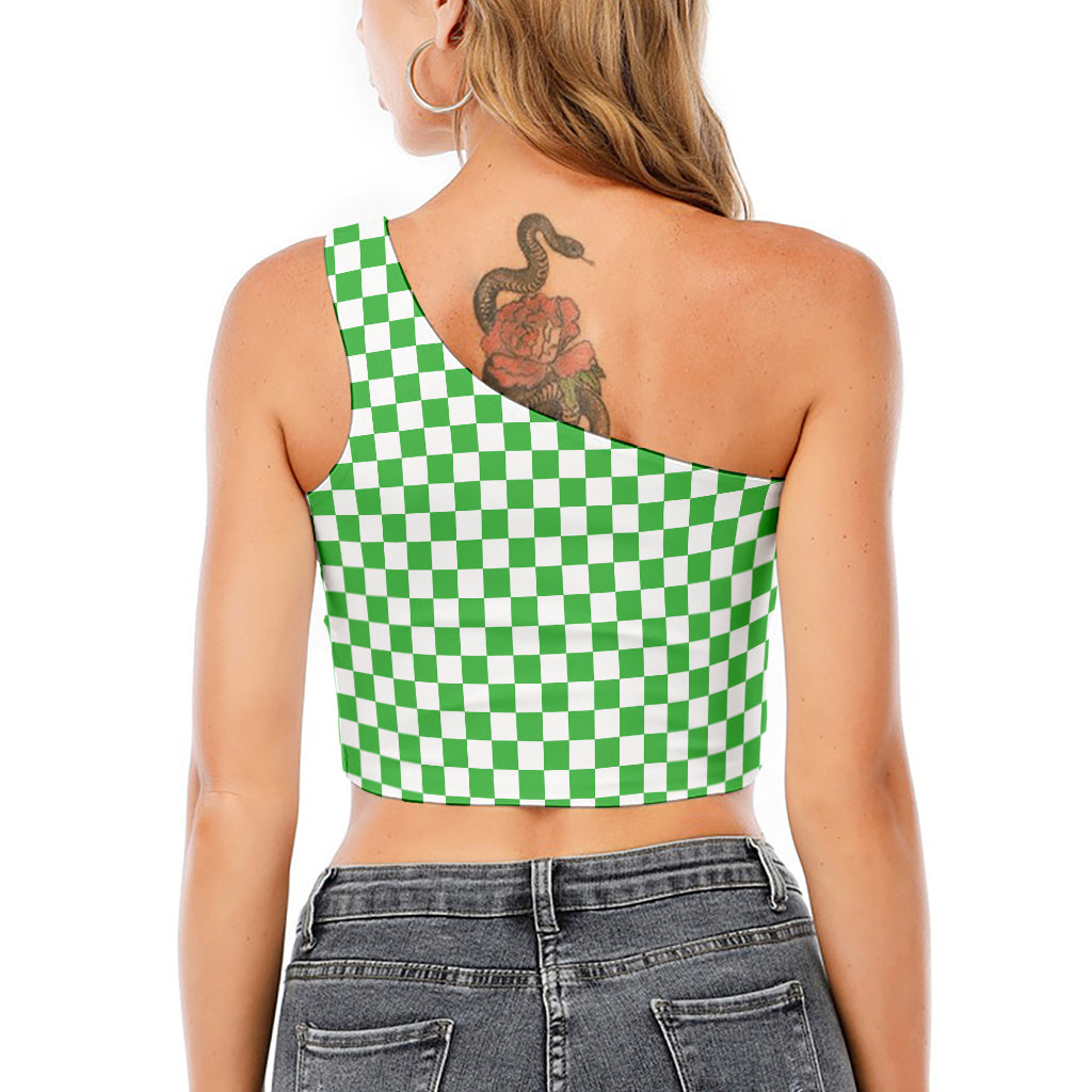 White And Green Checkered Print One Shoulder Crop Top
