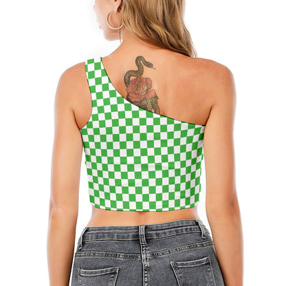 White And Green Checkered Print One Shoulder Crop Top