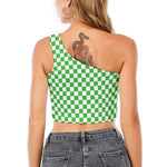 White And Green Checkered Print One Shoulder Crop Top