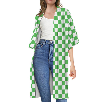 White And Green Checkered Print Open Front Beach Cover Up