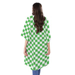 White And Green Checkered Print Open Front Beach Cover Up