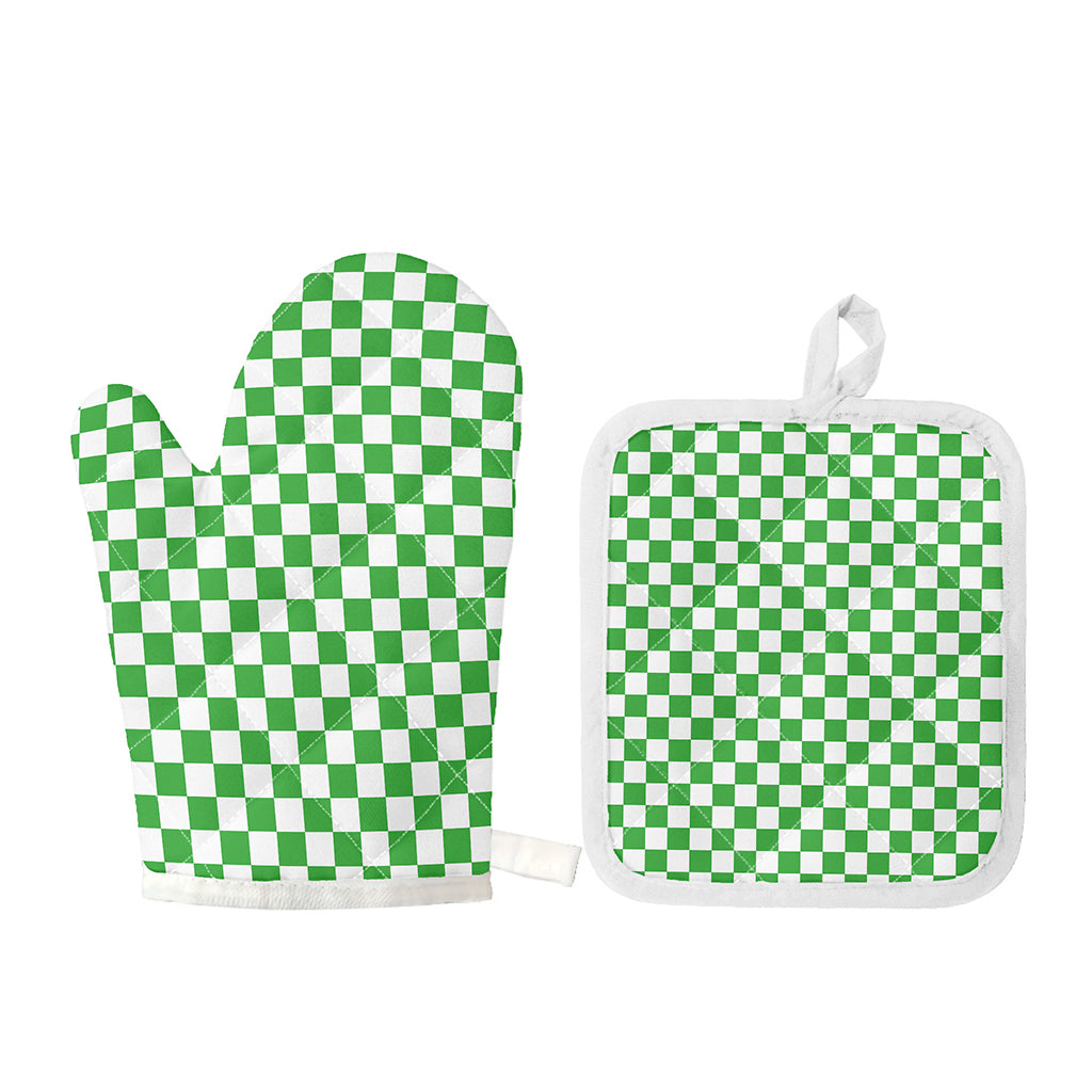 White And Green Checkered Print Oven Mitt And Pot Holder Set