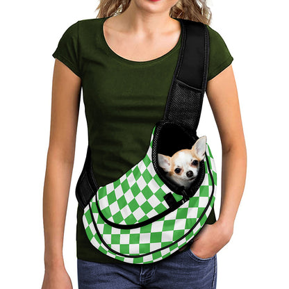 White And Green Checkered Print Pet Sling Carrier