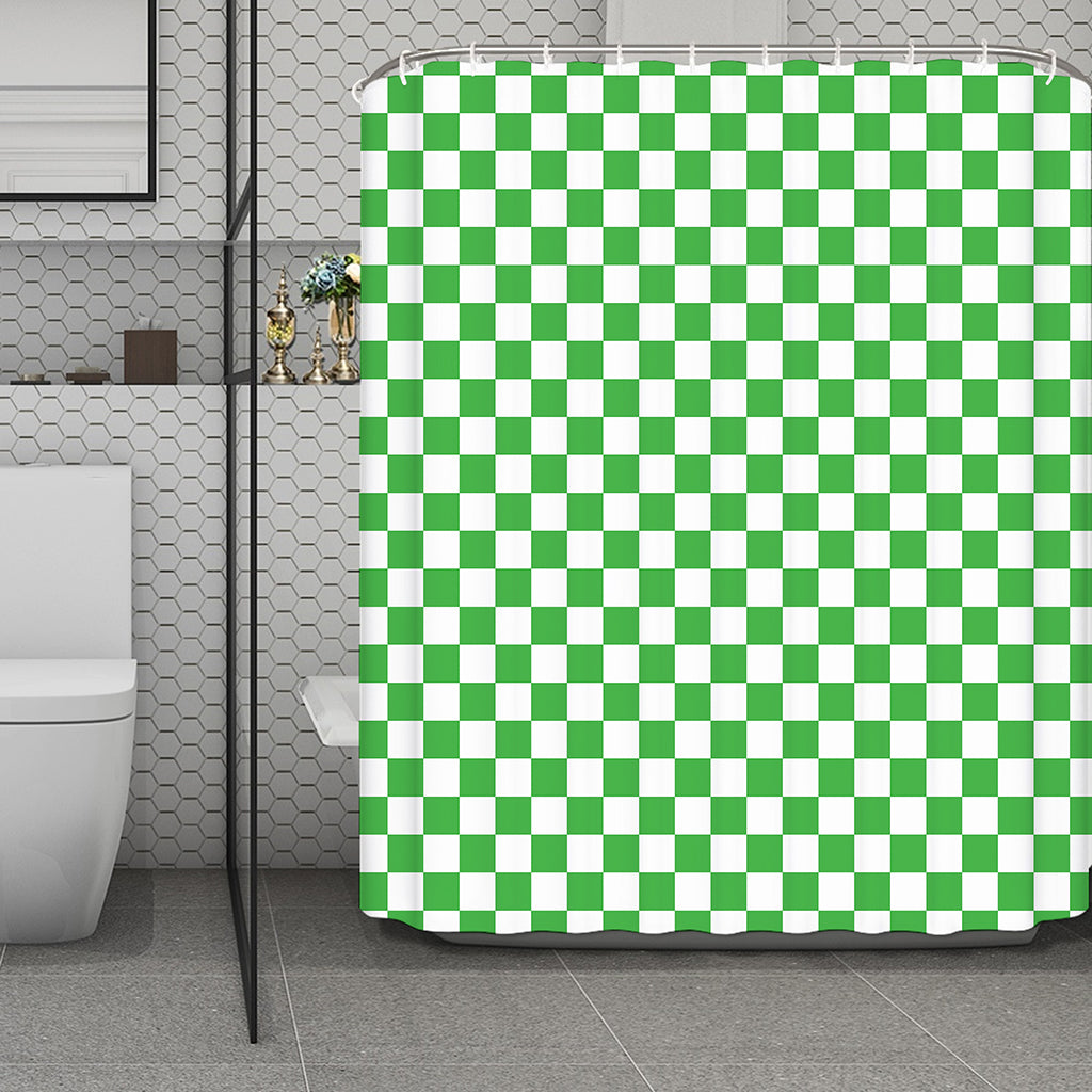 White And Green Checkered Print Polyester Shower Curtain