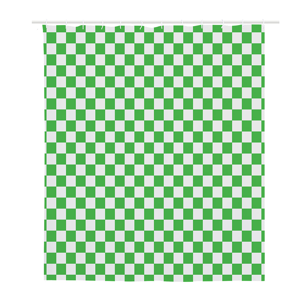 White And Green Checkered Print Polyester Shower Curtain