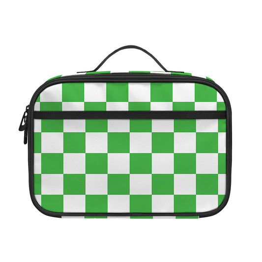 White And Green Checkered Print Portable Lunch Bag