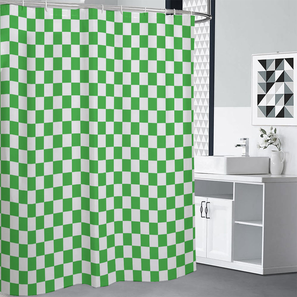 White And Green Checkered Print Premium Shower Curtain