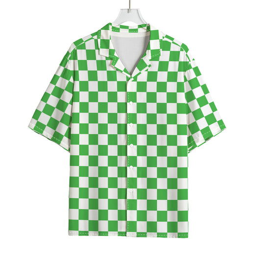 White And Green Checkered Print Rayon Hawaiian Shirt
