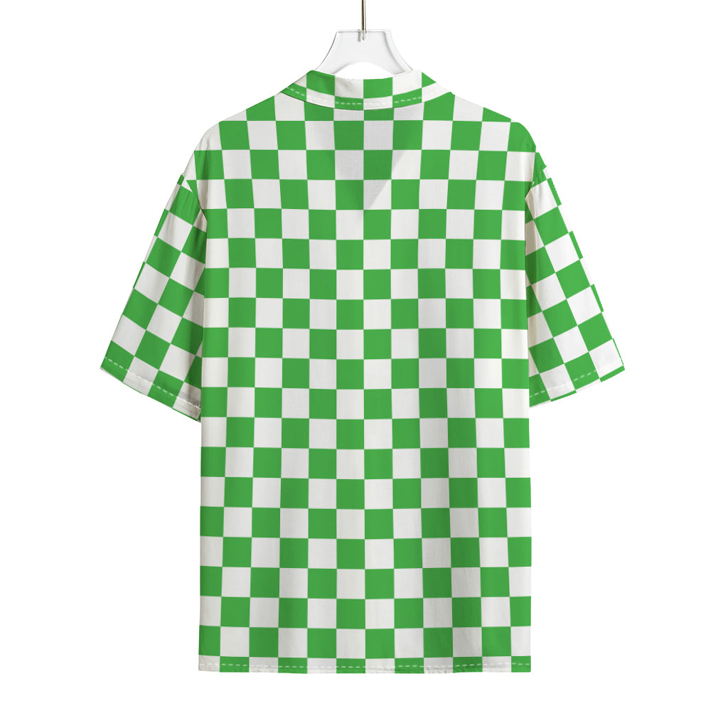 White And Green Checkered Print Rayon Hawaiian Shirt