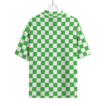 White And Green Checkered Print Rayon Hawaiian Shirt