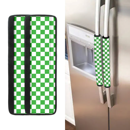 White And Green Checkered Print Refrigerator Handle Covers