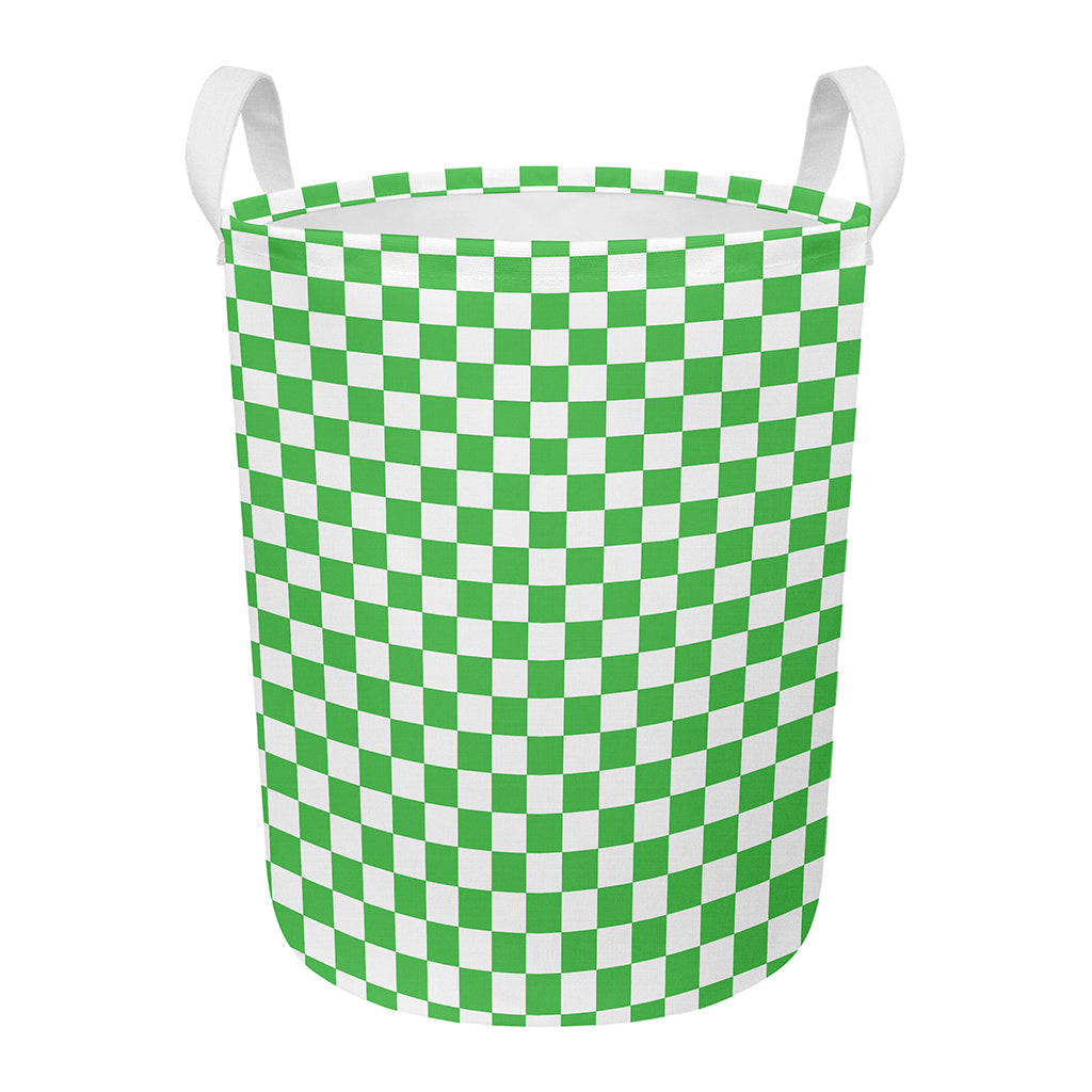White And Green Checkered Print Round Laundry Basket