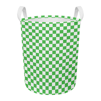 White And Green Checkered Print Round Laundry Basket